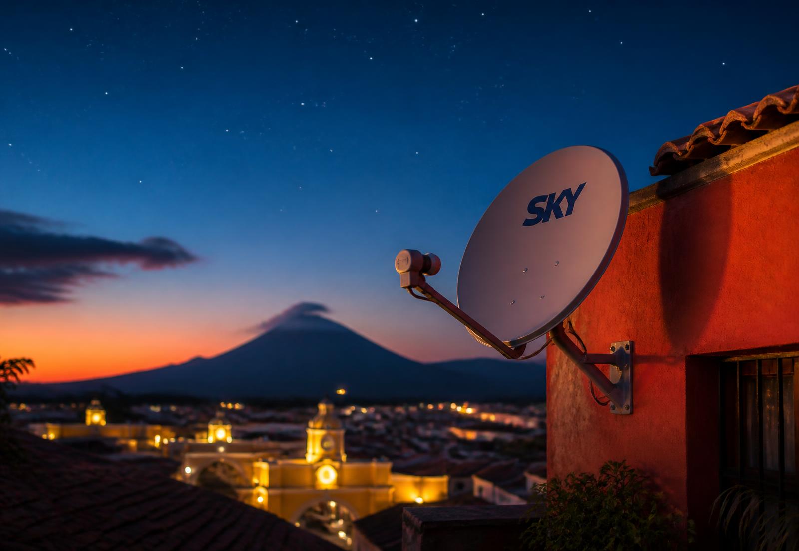 Antena satelital SKY instalada en una casa de Guatemala al atardecer